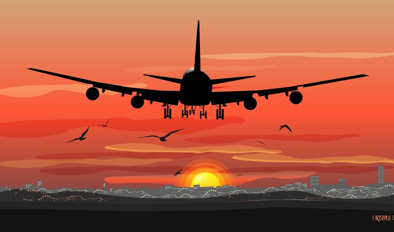 Airplane Landing at Sunset — Orange, Dramatic, Digital Art