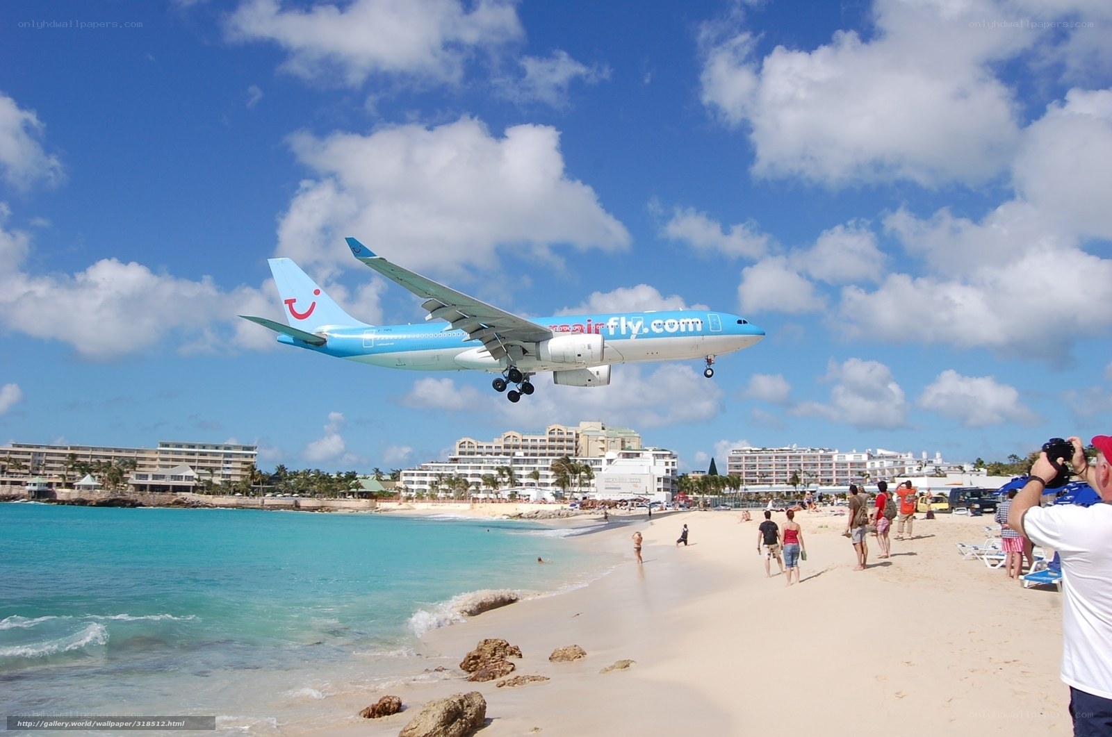 Airplane landing over beach