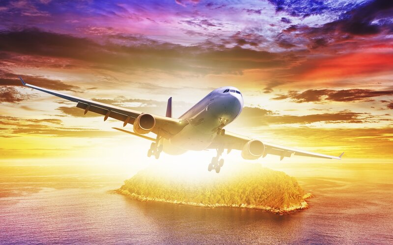 Airplane Landing over Island