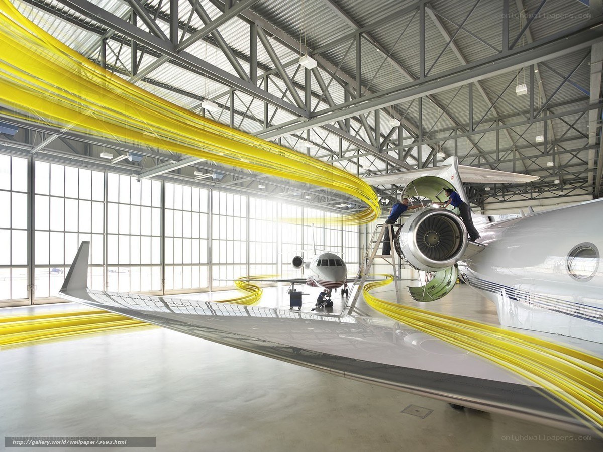 Airplane maintenance in hangar