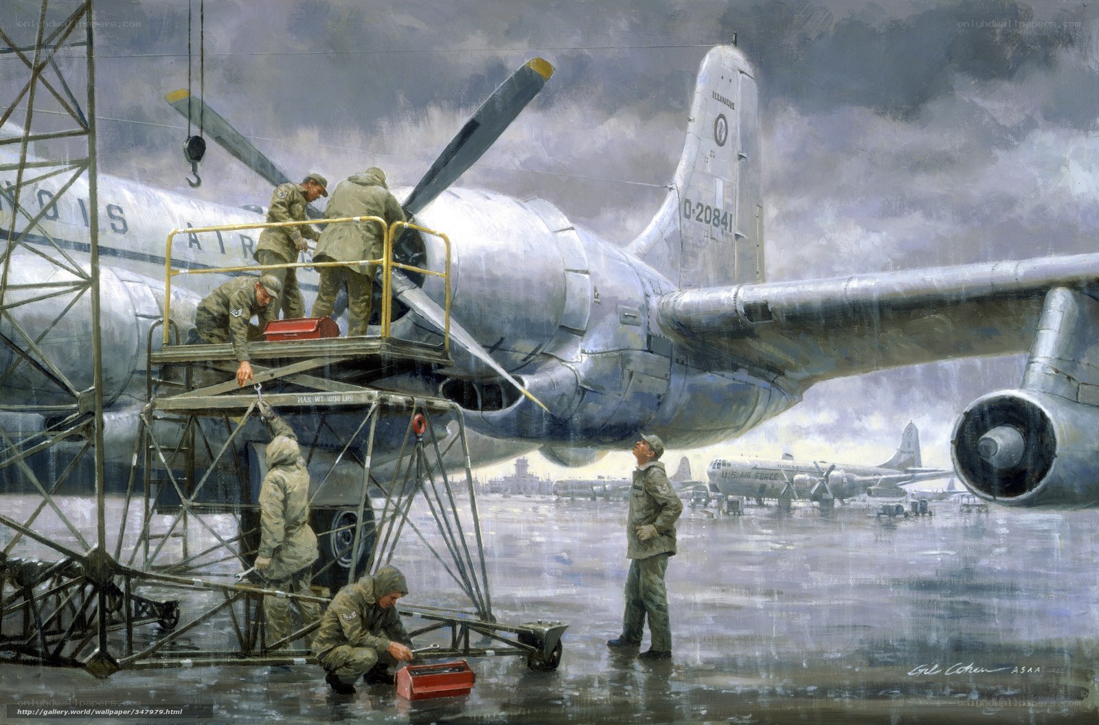 Airplane maintenance on a rainy day