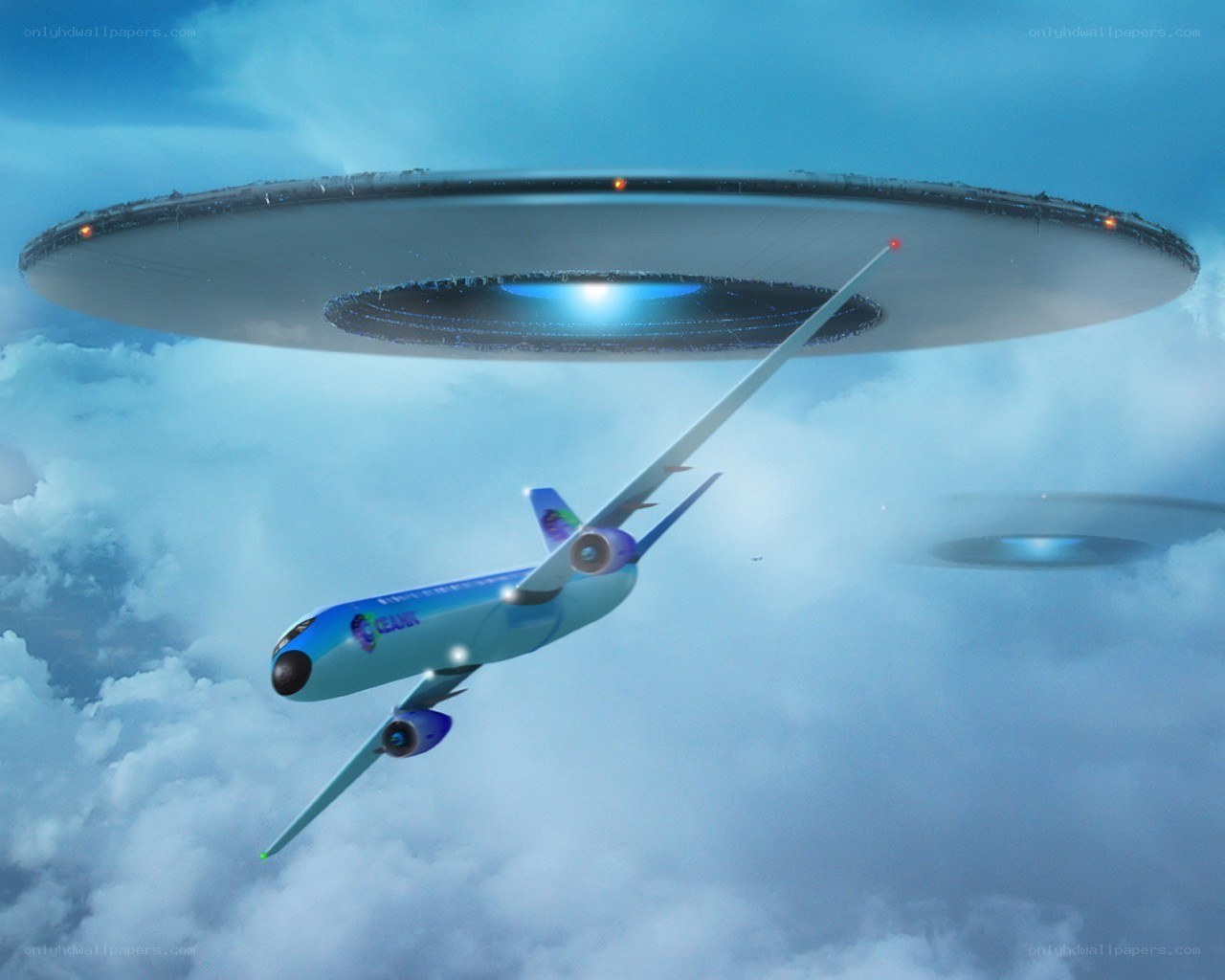 Airplane near UFO in clouds