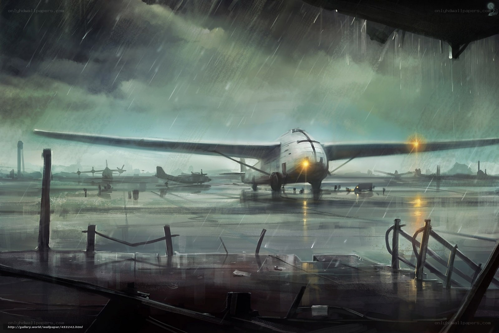 Airplane on a rainy tarmac