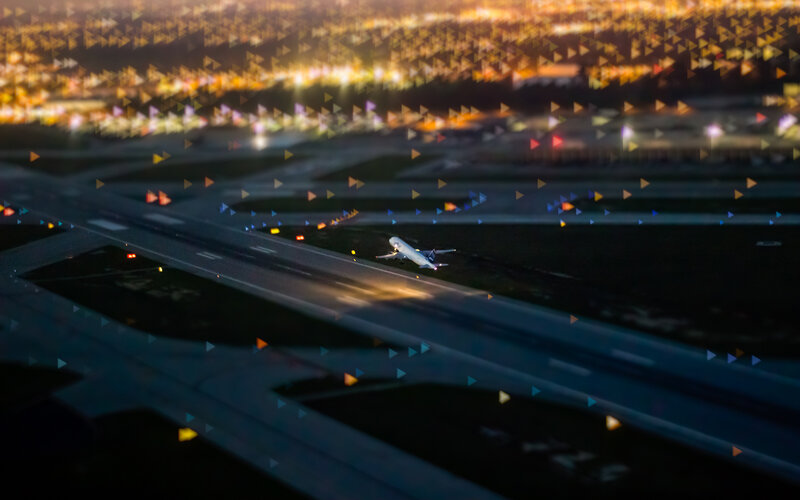 Airplane on Runway — Black, Dramatic, Night, Photograph, City Lights