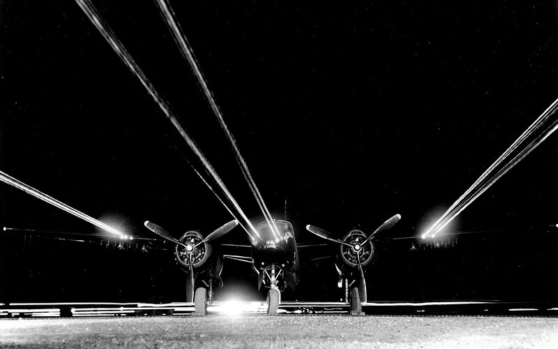 Airplane on Runway — Black, Dramatic, Night, Photograph, Propellers