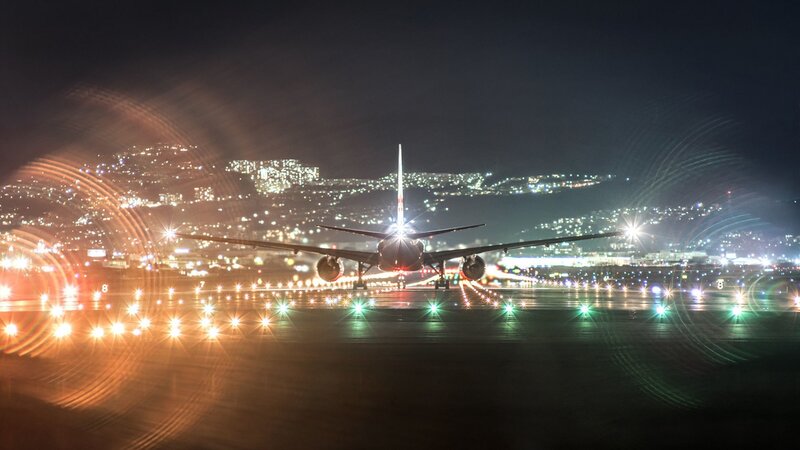 Airplane on Runway — Black, Dramatic, Night, Photograph