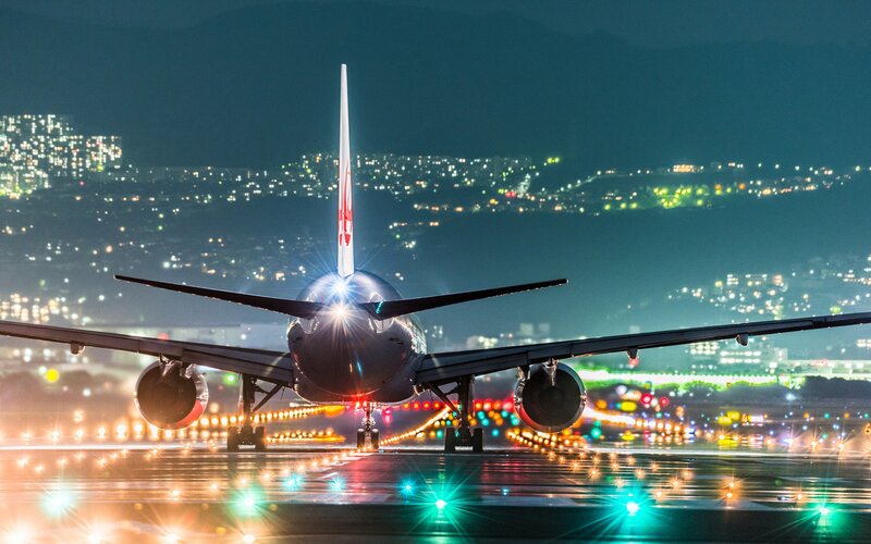 Airplane on Runway — Black, Dramatic, Night
