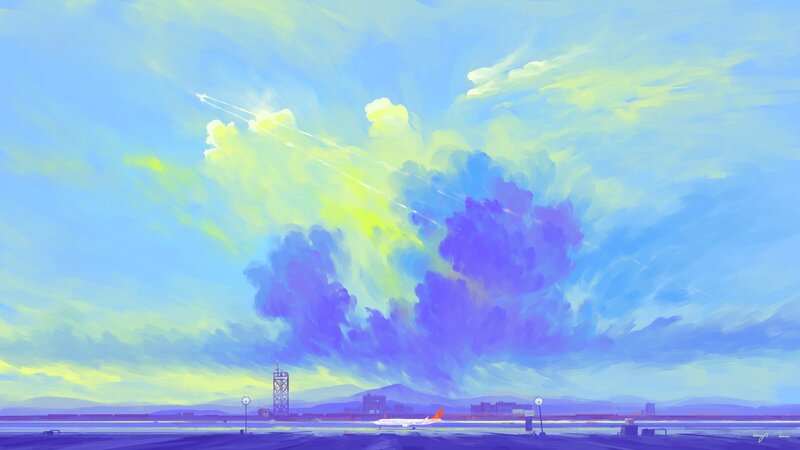 Airplane on Runway — Blue, Dramatic, Sunset, Digital Art