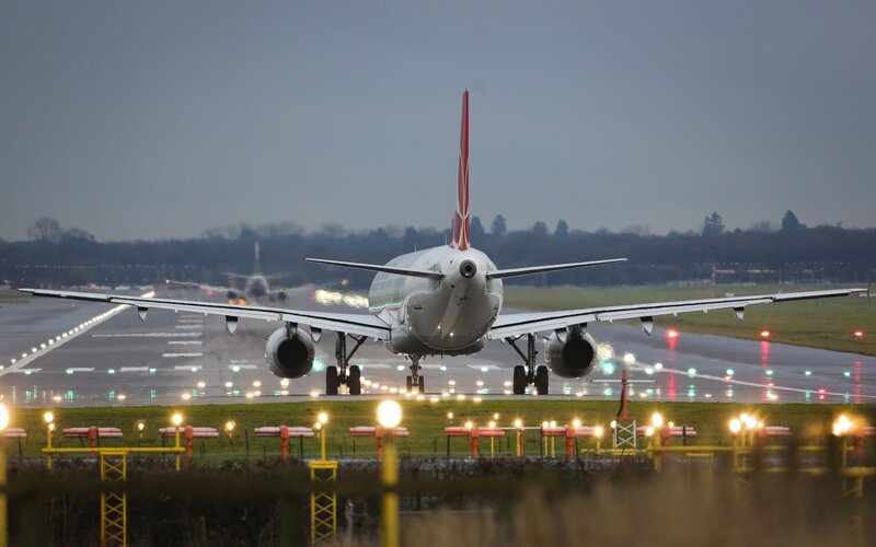 Airplane on Runway — Gray, Dramatic, Night