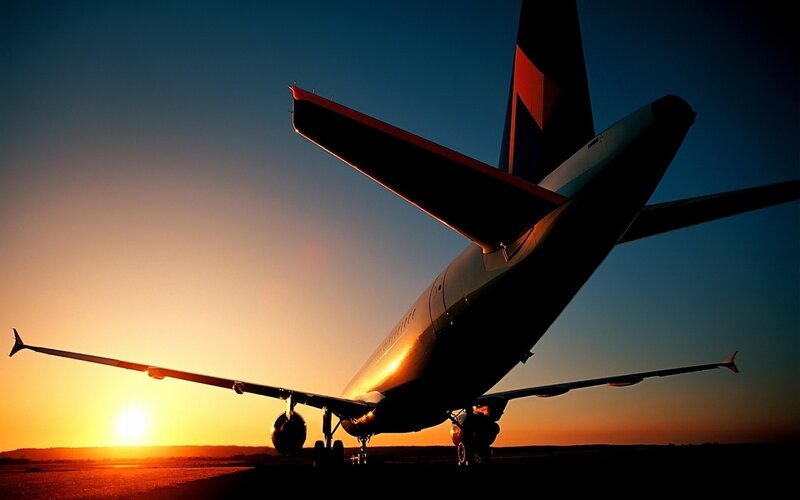 Airplane on Runway — Orange, Dramatic, Sunset, Photograph, Sky, Blue