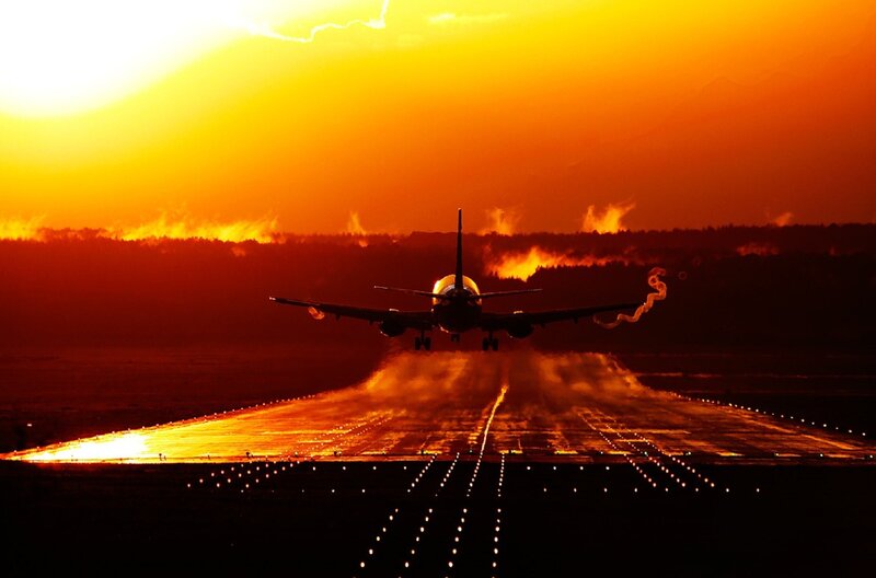 Airplane on Runway — Orange, Dramatic, Sunset, Photograph