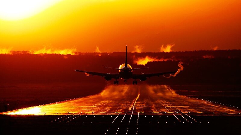 Airplane on Runway — Orange, Dramatic, Sunset, Photograph, Trees, Yellow, Black