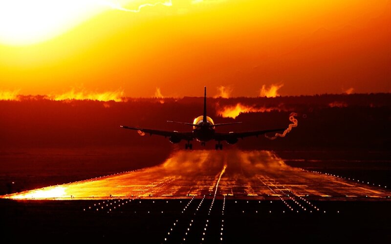 Airplane on Runway — Orange, Dramatic, Sunset, Photograph, Trees, Yellow