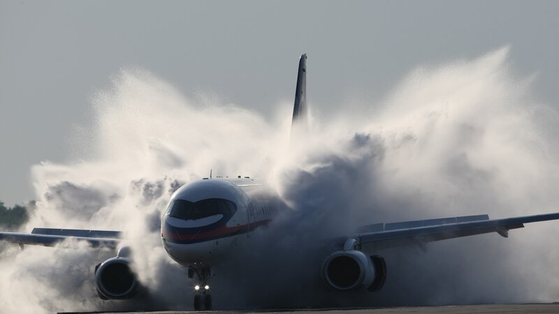 Airplane on Runway — White, Dramatic, Afternoon, Photograph, Engine