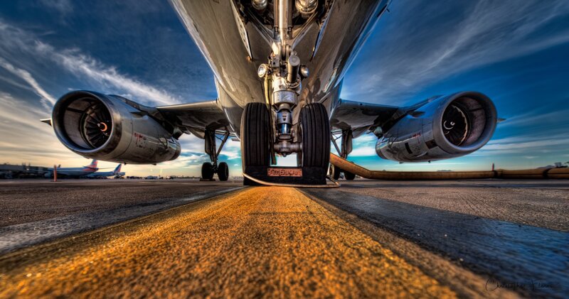 Airplane on Tarmac — Blue, Dramatic, Sunset, Photograph