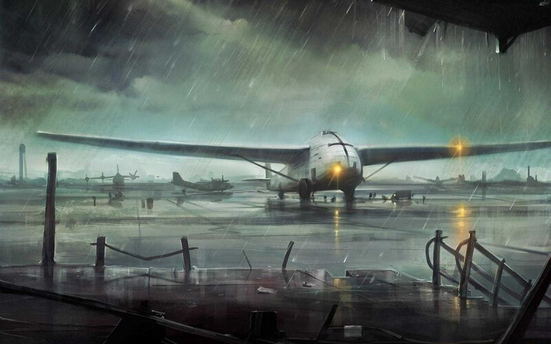 Airplane on Tarmac — Gray, Dramatic, Night, Digital Art