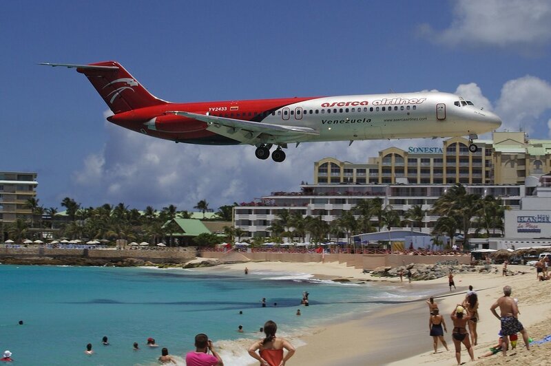 Airplane over Beach — Blue, Dramatic