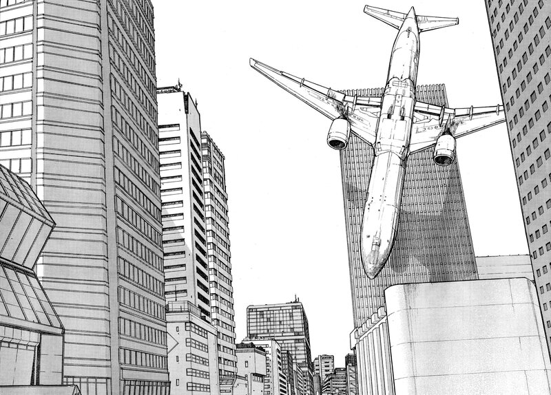 Airplane over City — Black, Dramatic, Manga