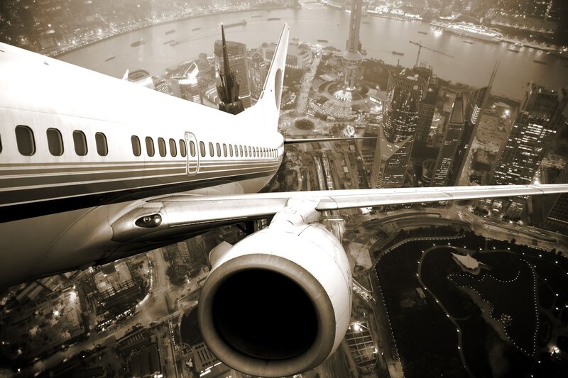 Airplane over City — Black, Dramatic, Night, Photograph