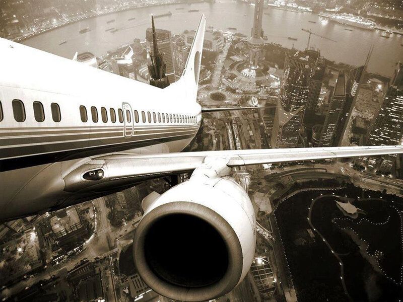 Airplane over City — Black, Dramatic, Night