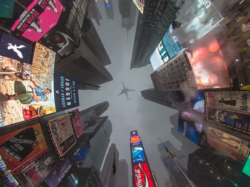 Airplane over City — Gray, Dramatic