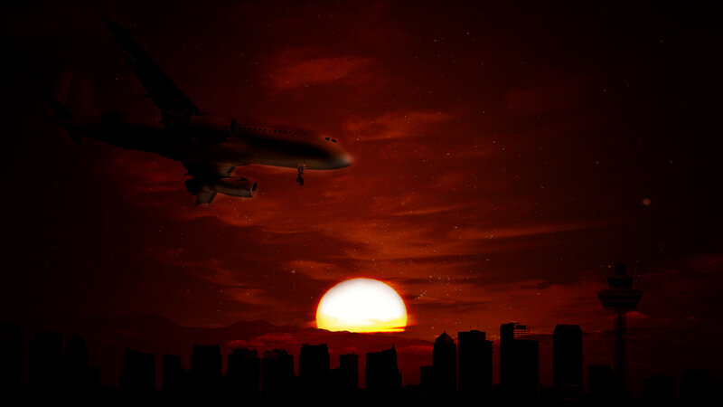 Airplane over City — Red, Dramatic
