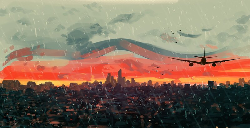 Airplane over City — Red