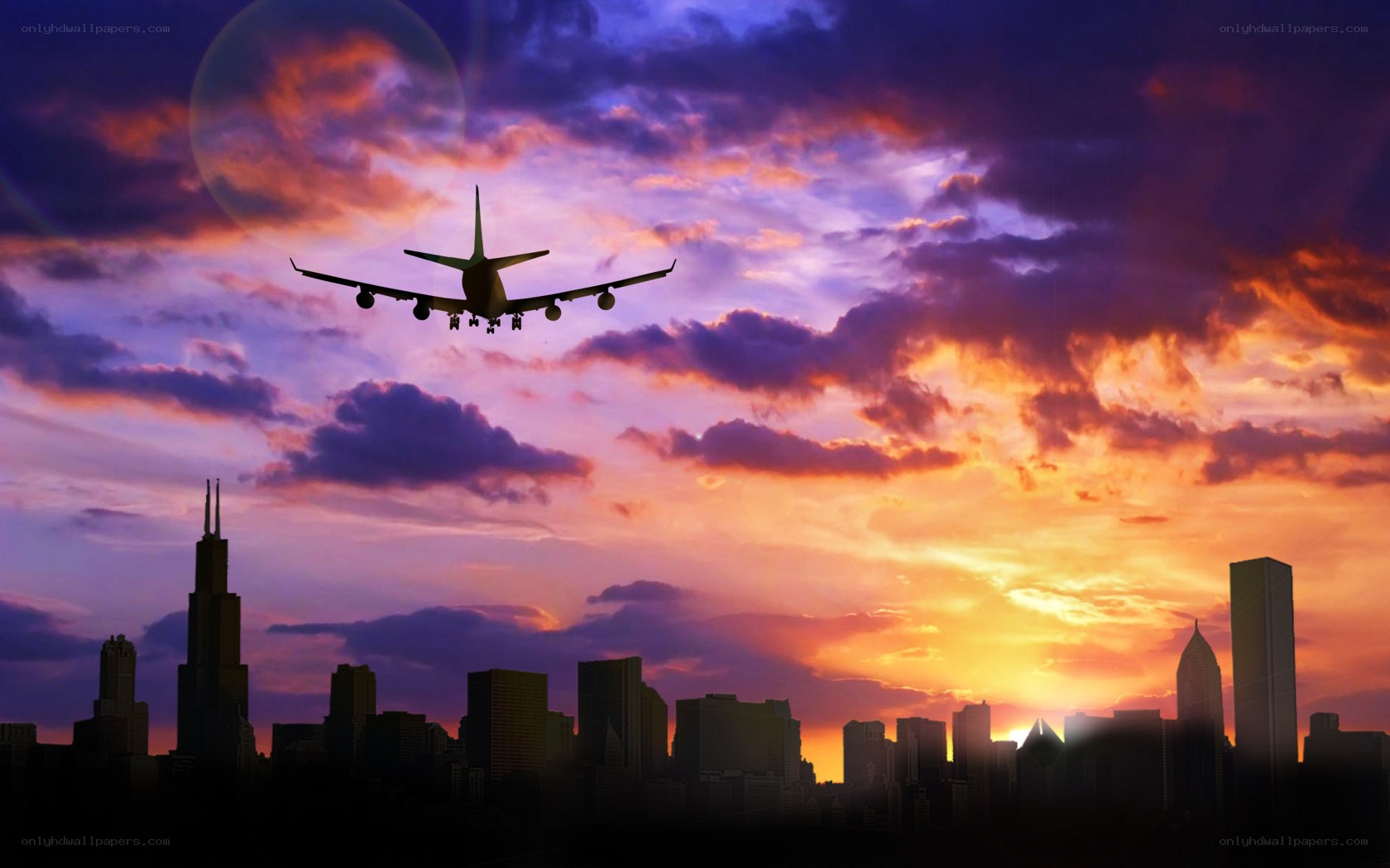 Airplane over city skyline