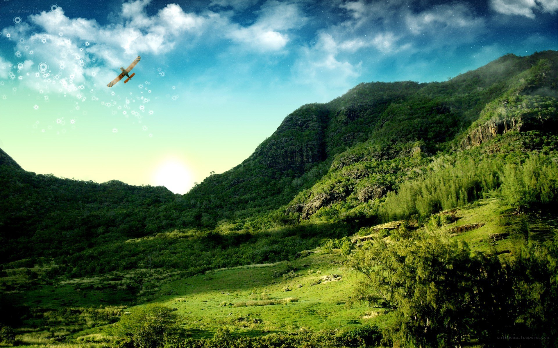 Airplane over green mountains
