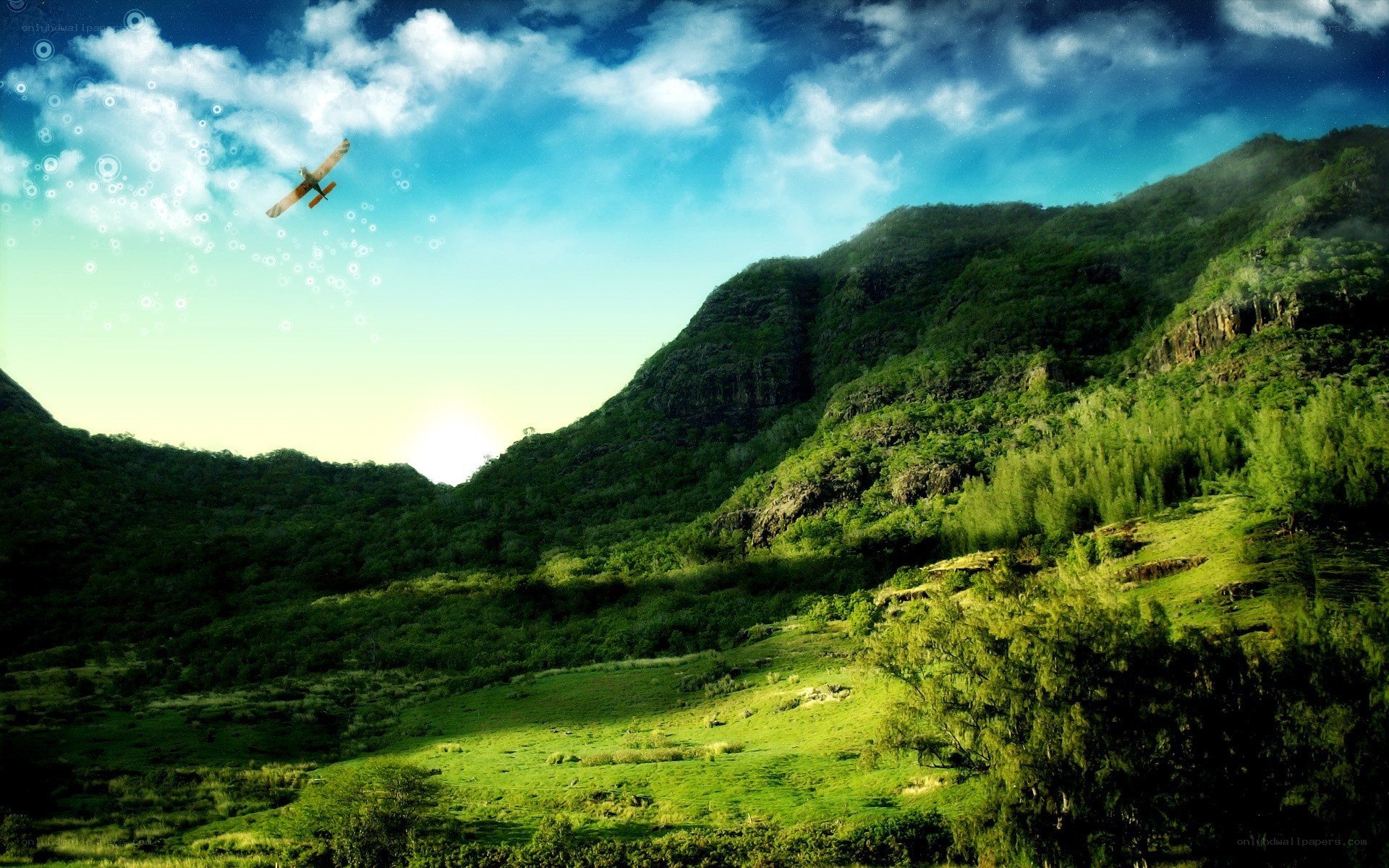 Airplane over green mountains