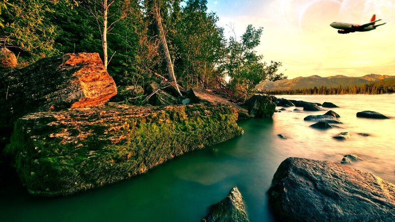Airplane over Lake — Green