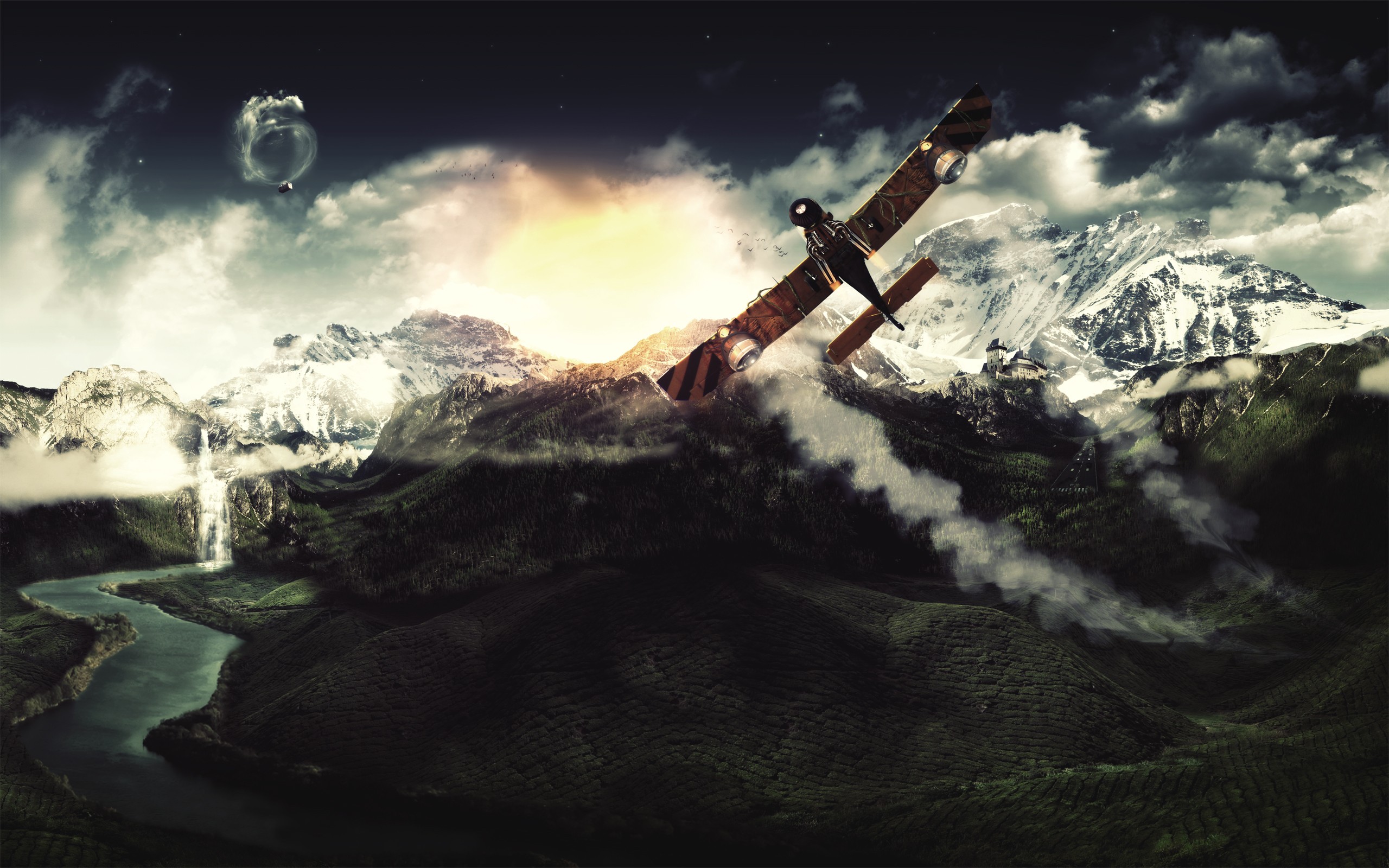 Airplane over mountain landscape