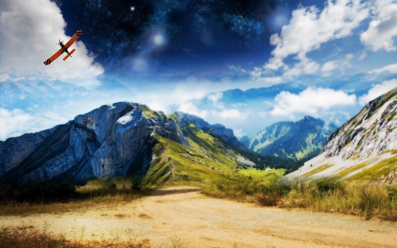 Airplane over Mountains — Blue