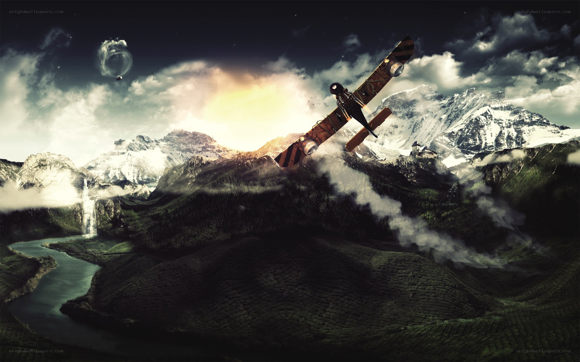 Airplane over snowy mountains