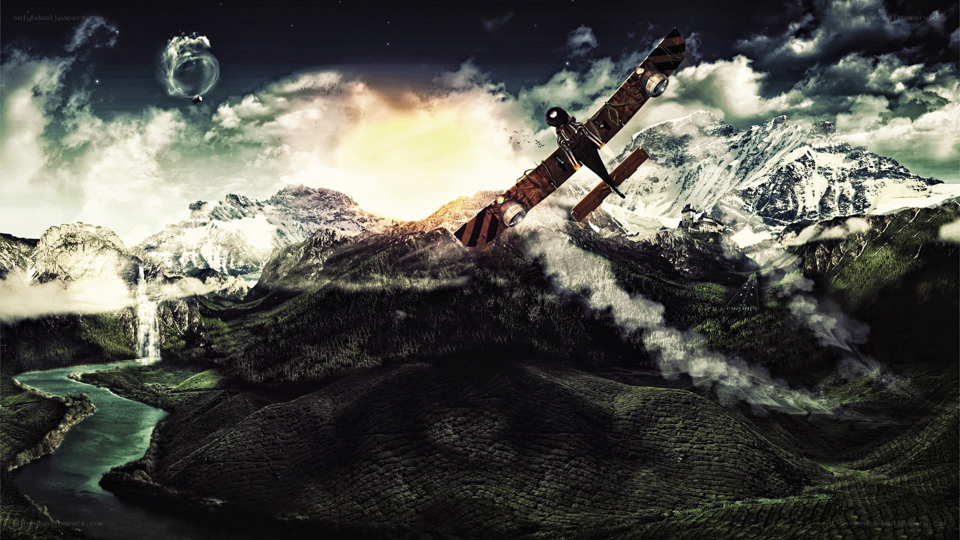 Airplane over snowy mountains