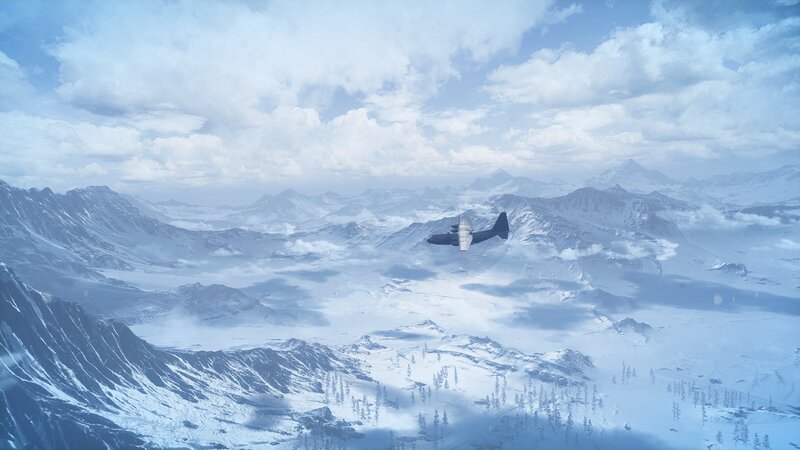 Airplane over Snowy Mountains — Blue