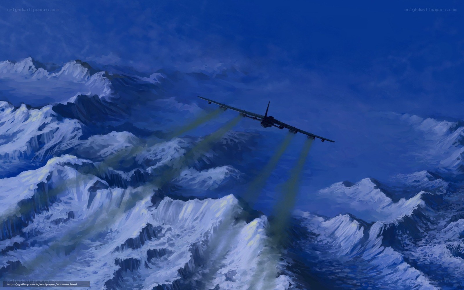 Airplane over snowy mountains