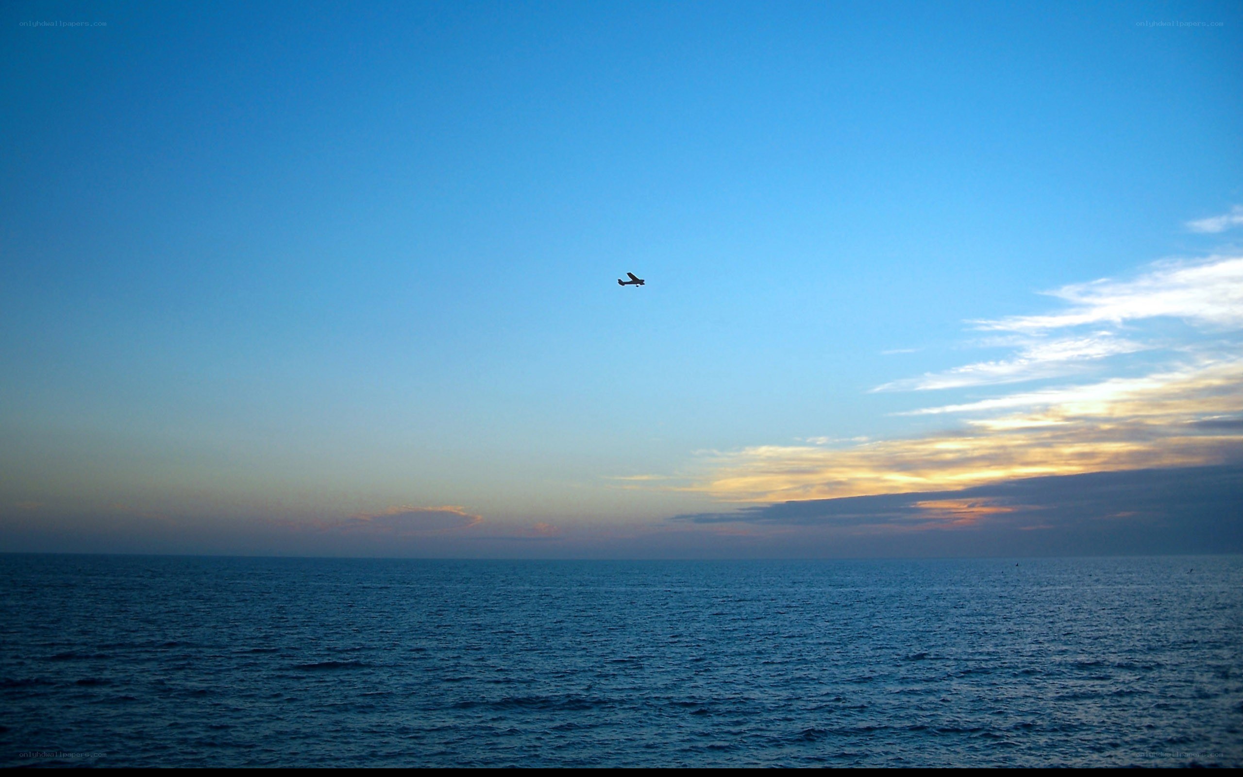 Airplane over the ocean at dusk