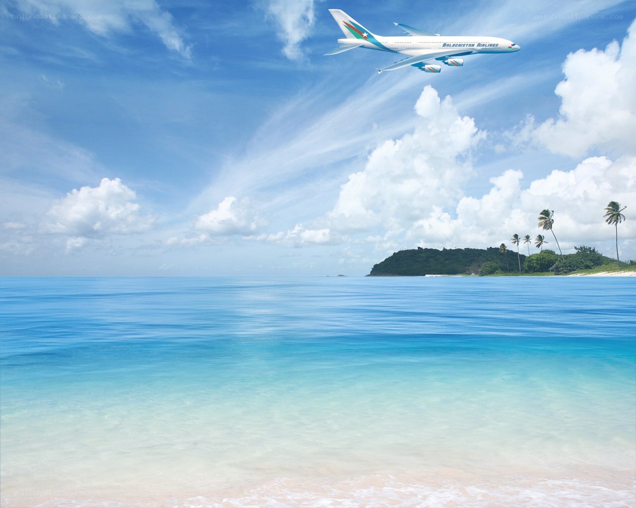 Airplane over tropical island