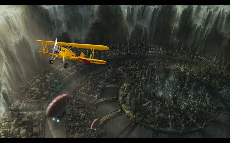 Airplane over underground city