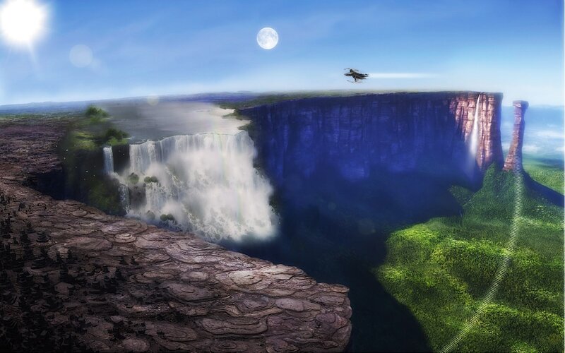 Airplane over Waterfall — Blue
