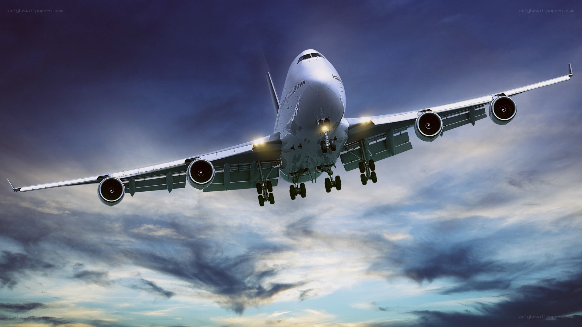 Airplane taking off at dusk