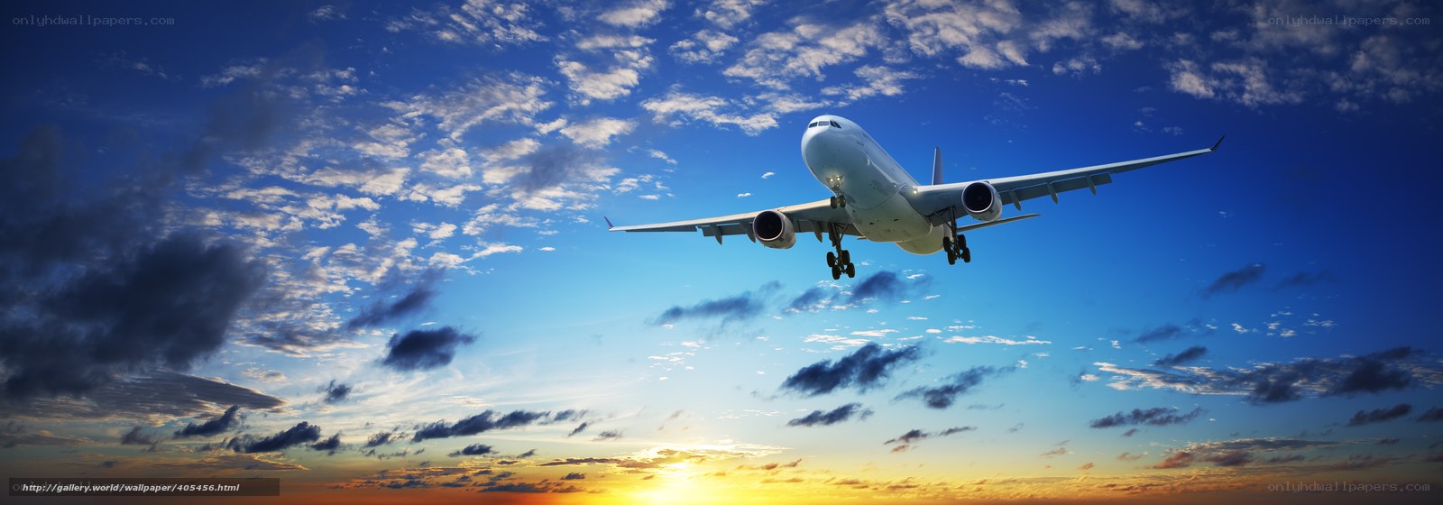 Airplane taking off at sunset