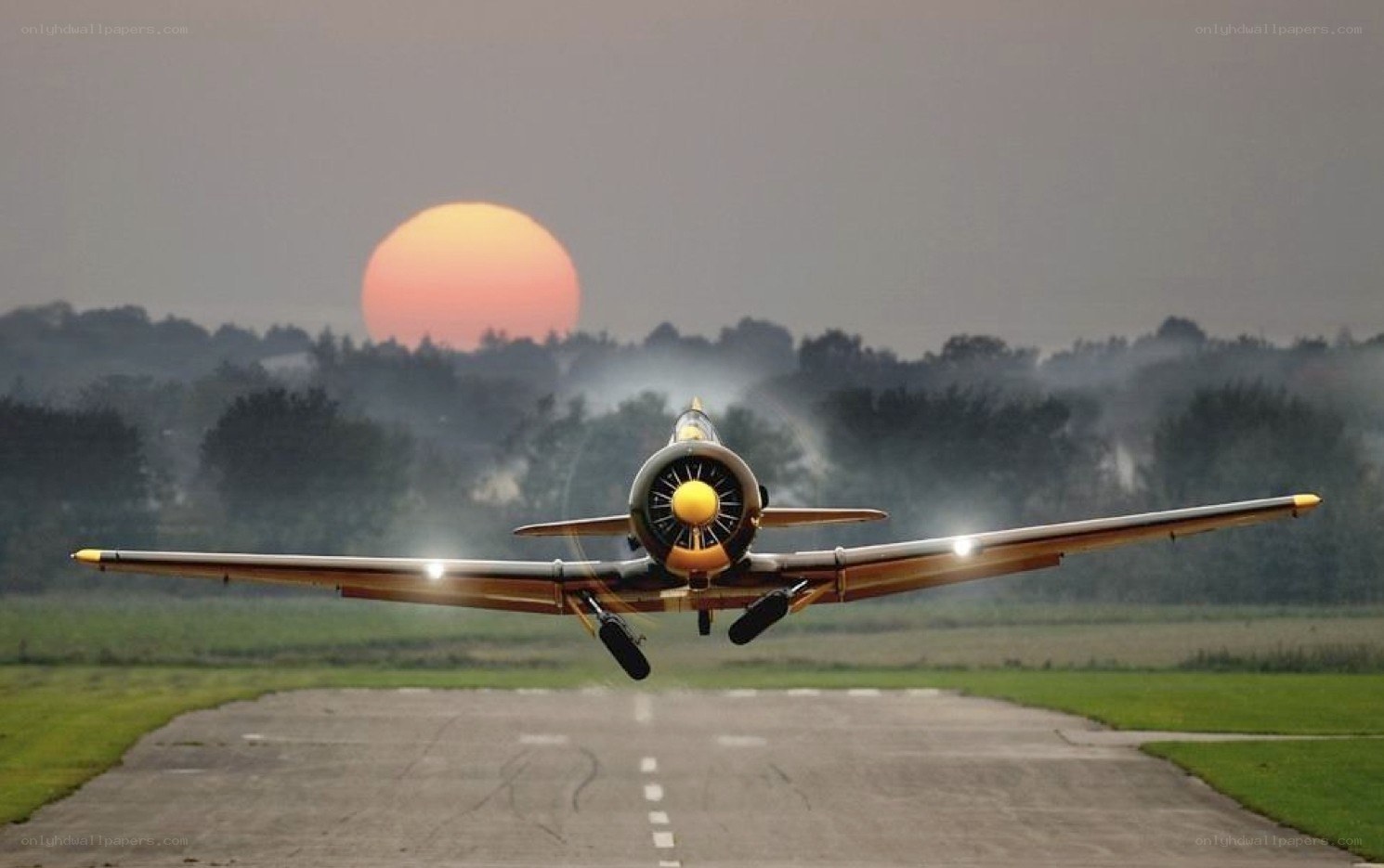 airplane taking off at sunset
