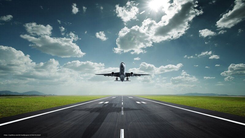 Airplane Taking Off — Blue, Dramatic, Afternoon, Photograph, Runway, Clouds, Sun