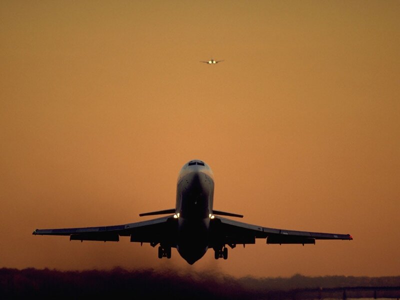 Airplane Taking Off — Orange, Dramatic, Sunset, Photograph, Sky