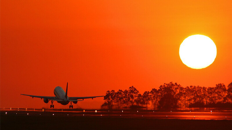 Airplane Taking Off — Orange, Dramatic, Sunset, Photograph, Sun