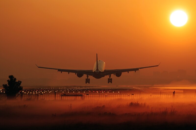 Airplane Taking Off — Orange, Dramatic, Sunset