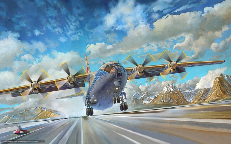 Airplane taking off over mountains