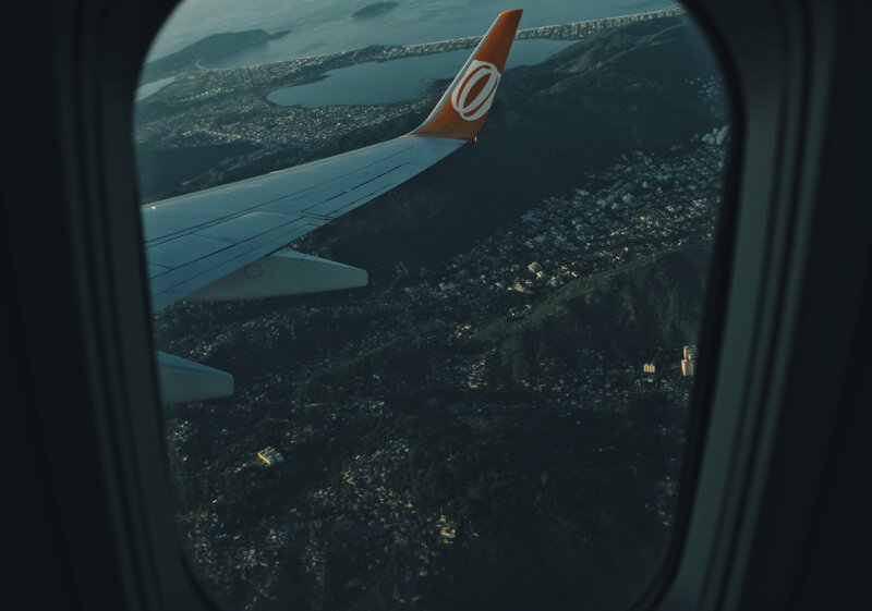airplane window view of city